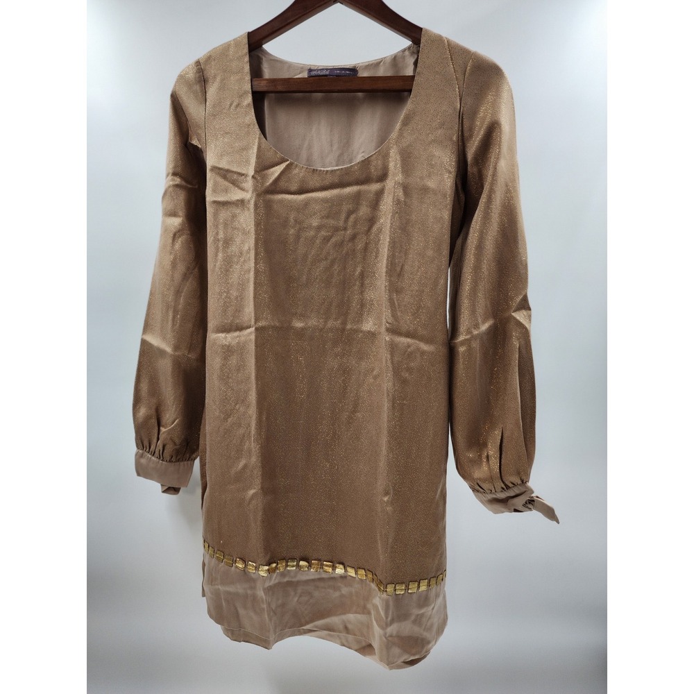 Hale Bob‎ Gold Metallic Shimmer Mini Dress Long Sleeve Scoop Neck Tie Cuff Small